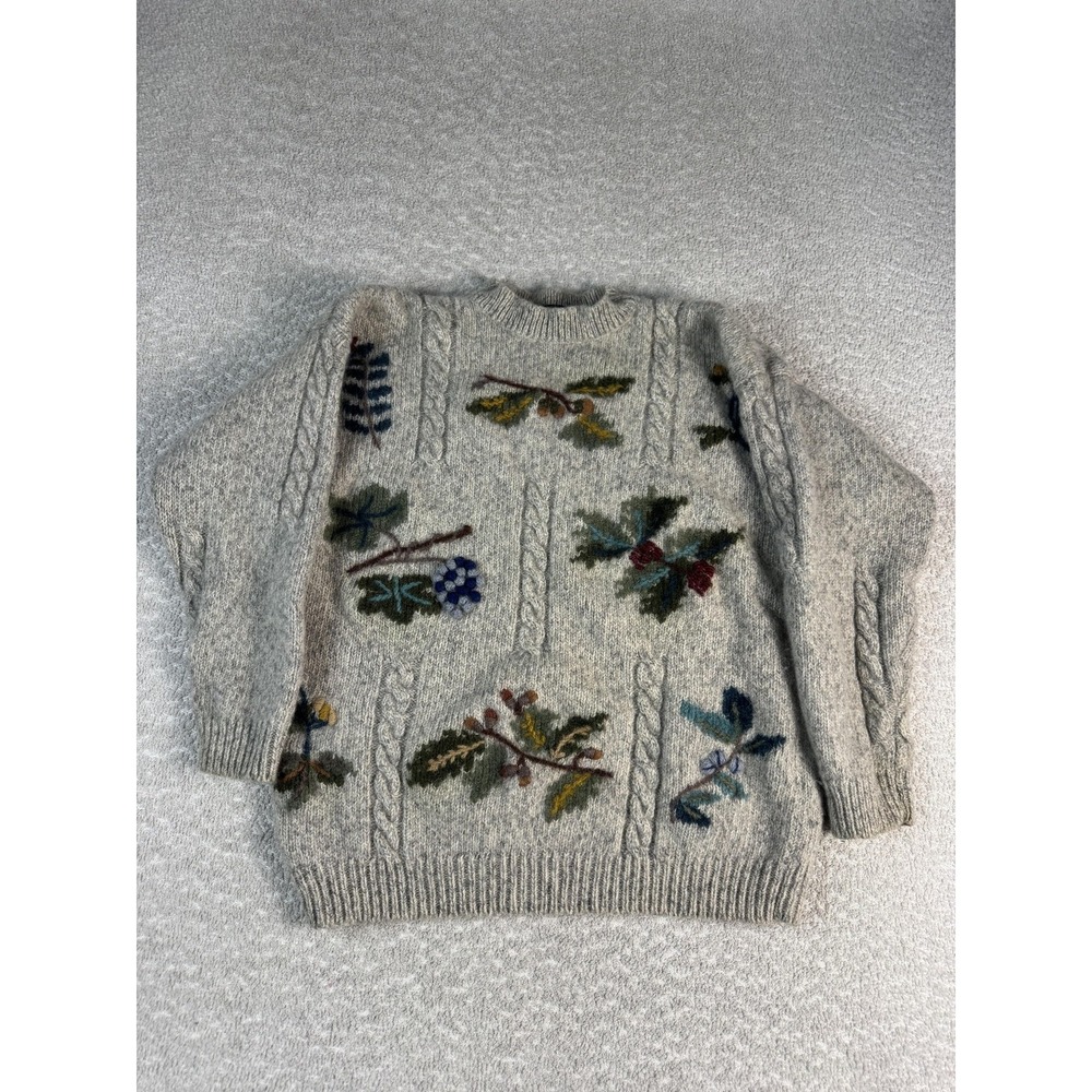 Vintage Eddie Bauer Sweater‎ Womens Medium Gray Wool Floral Embroidered Knit